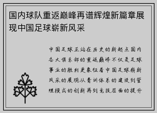 国内球队重返巅峰再谱辉煌新篇章展现中国足球崭新风采
