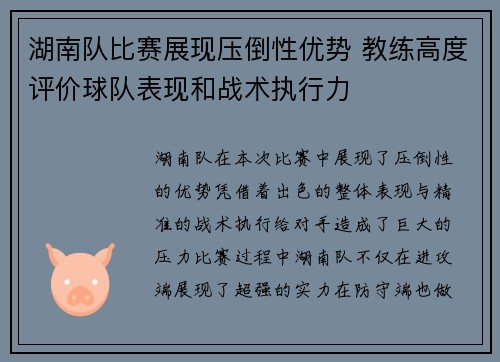 湖南队比赛展现压倒性优势 教练高度评价球队表现和战术执行力