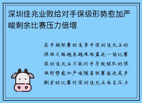 深圳佳兆业败给对手保级形势愈加严峻剩余比赛压力倍增